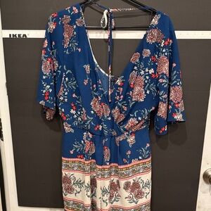 Trixxi Blue Floral Blouse with Red Accents